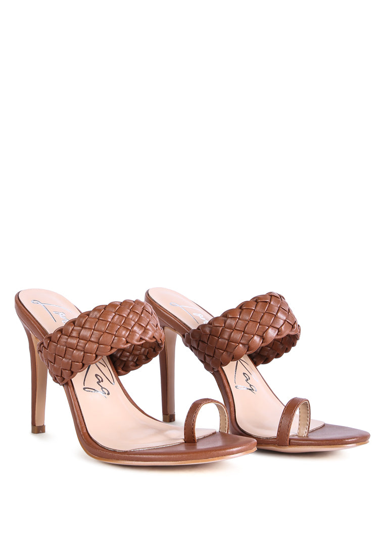 High Perks Woven Strap High Heels featuring broad woven straps and a pointed toe design in warm chocolate color.