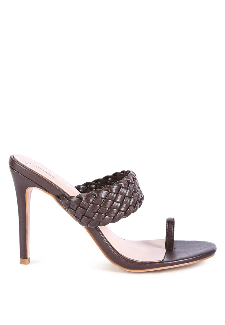 High Perks Woven Strap High Heels featuring broad woven straps and a pointed toe design in warm chocolate color.