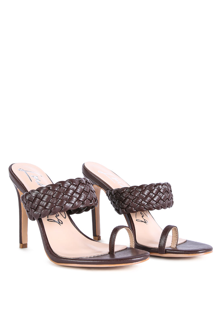 High Perks Woven Strap High Heels featuring broad woven straps and a pointed toe design in warm chocolate color.