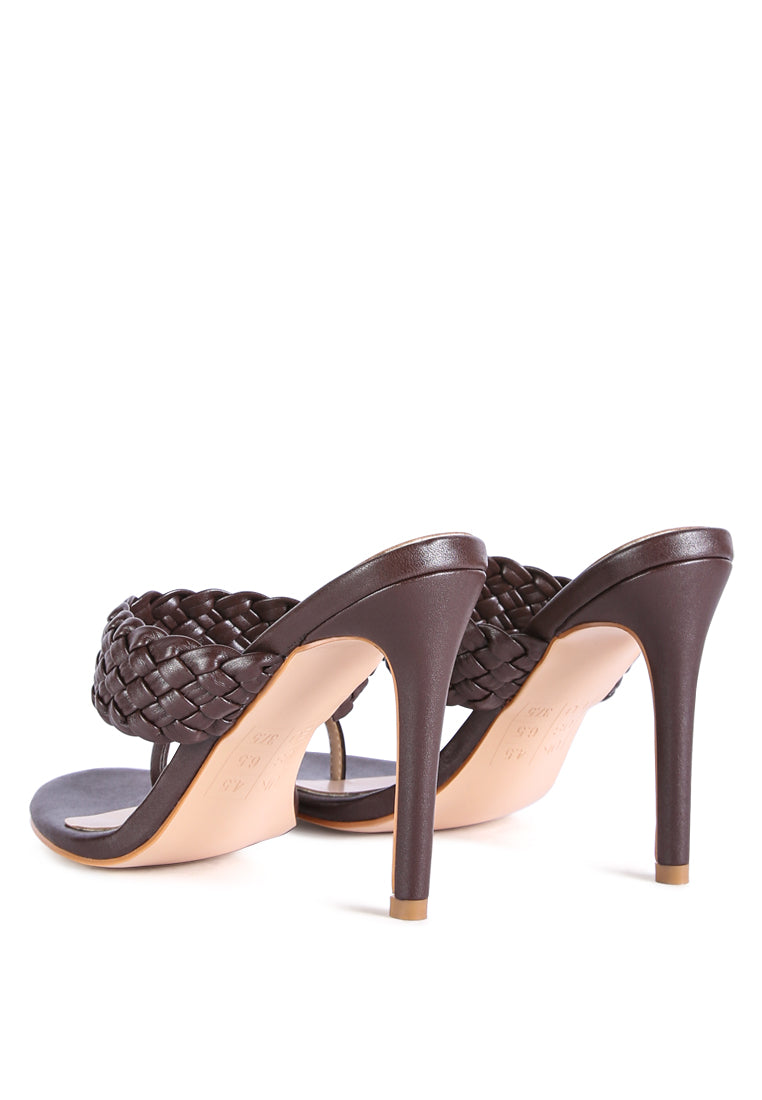 High Perks Woven Strap High Heels featuring broad woven straps and a pointed toe design in warm chocolate color.