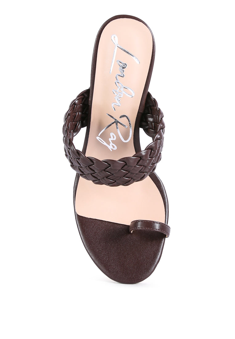 High Perks Woven Strap High Heels featuring broad woven straps and a pointed toe design in warm chocolate color.