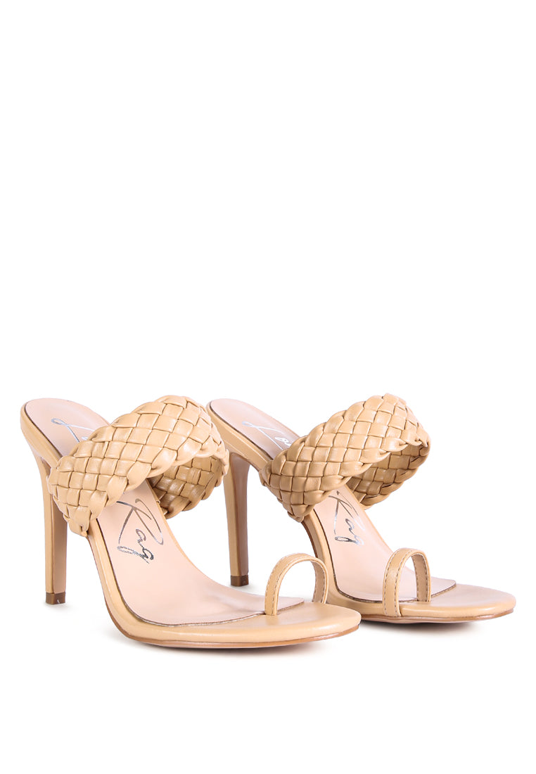 High Perks Woven Strap High Heels featuring broad woven straps and a pointed toe design in warm chocolate color.