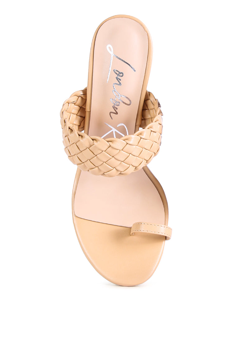 High Perks Woven Strap High Heels featuring broad woven straps and a pointed toe design in warm chocolate color.