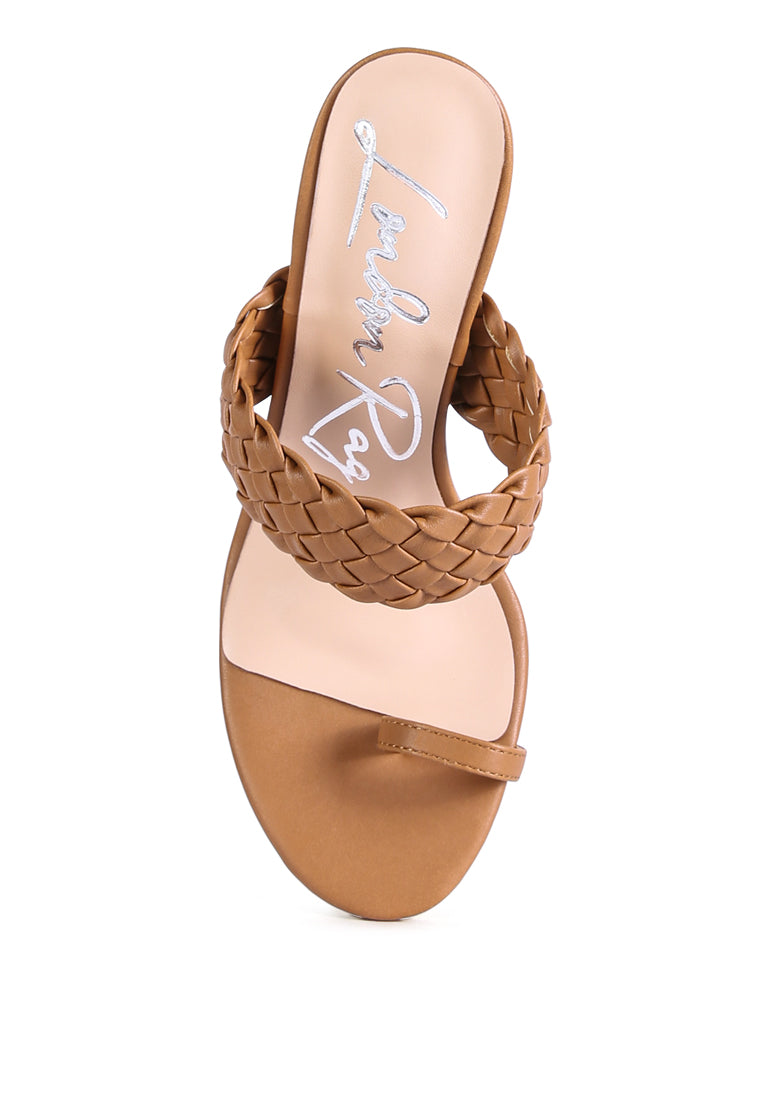 High Perks Woven Strap High Heels featuring broad woven straps and a pointed toe design in warm chocolate color.