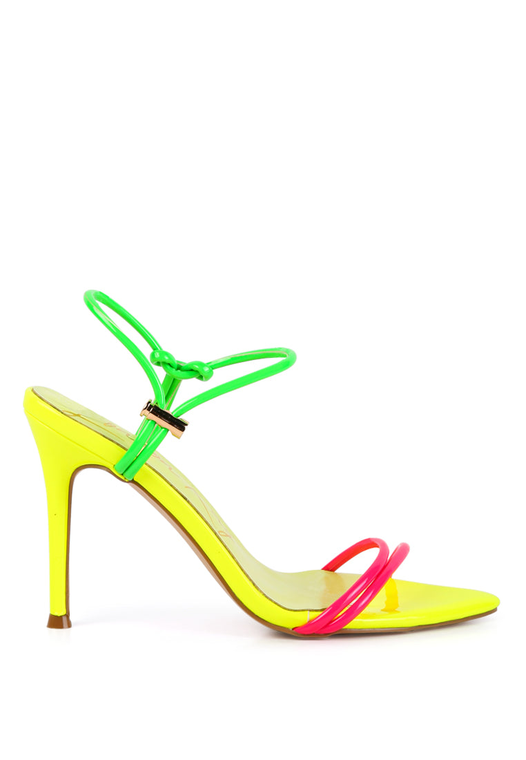 High Porch Drawstring Band Stiletto Sandals in black and neon colors with pointed toe and adjustable ankle band.