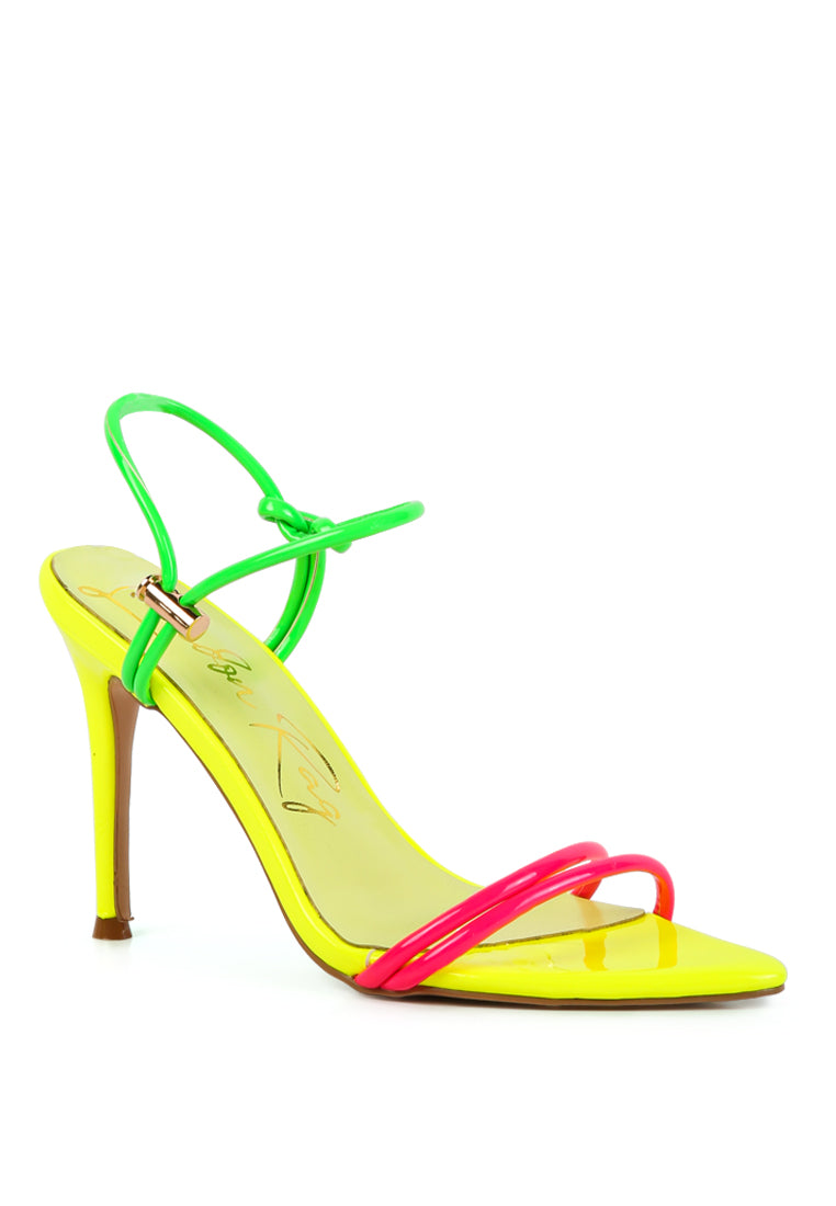 High Porch Drawstring Band Stiletto Sandals in black and neon colors with pointed toe and adjustable ankle band.