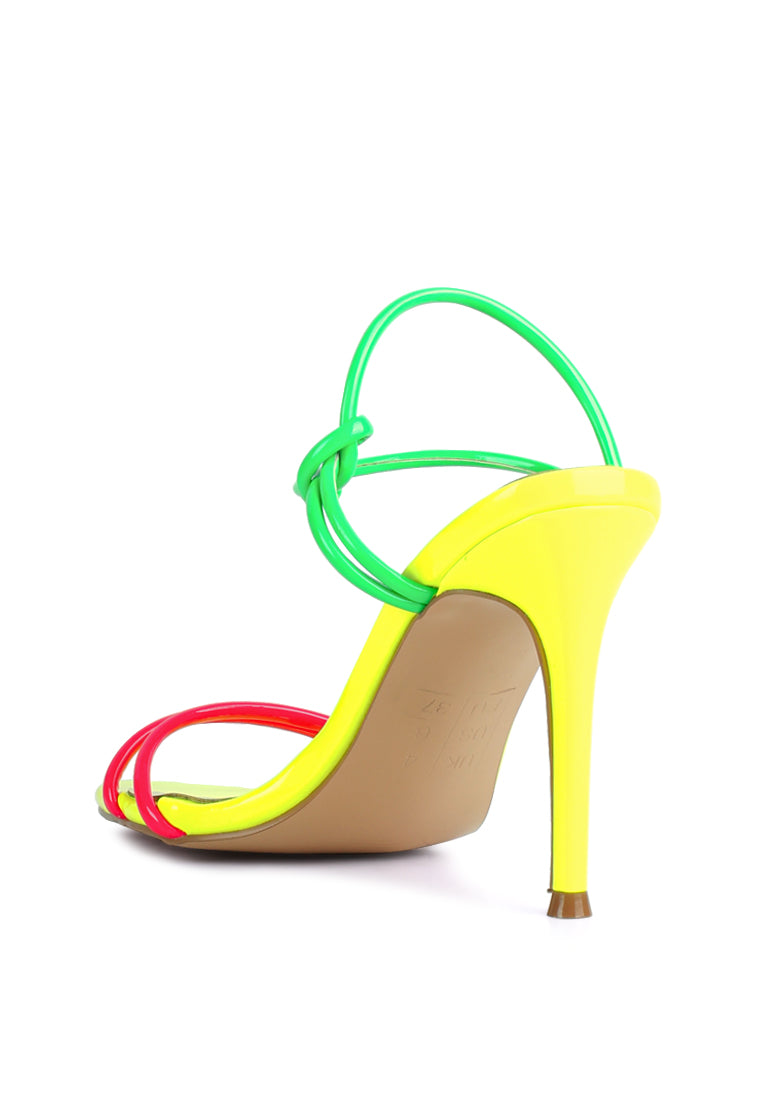 High Porch Drawstring Band Stiletto Sandals in black and neon colors with pointed toe and adjustable ankle band.