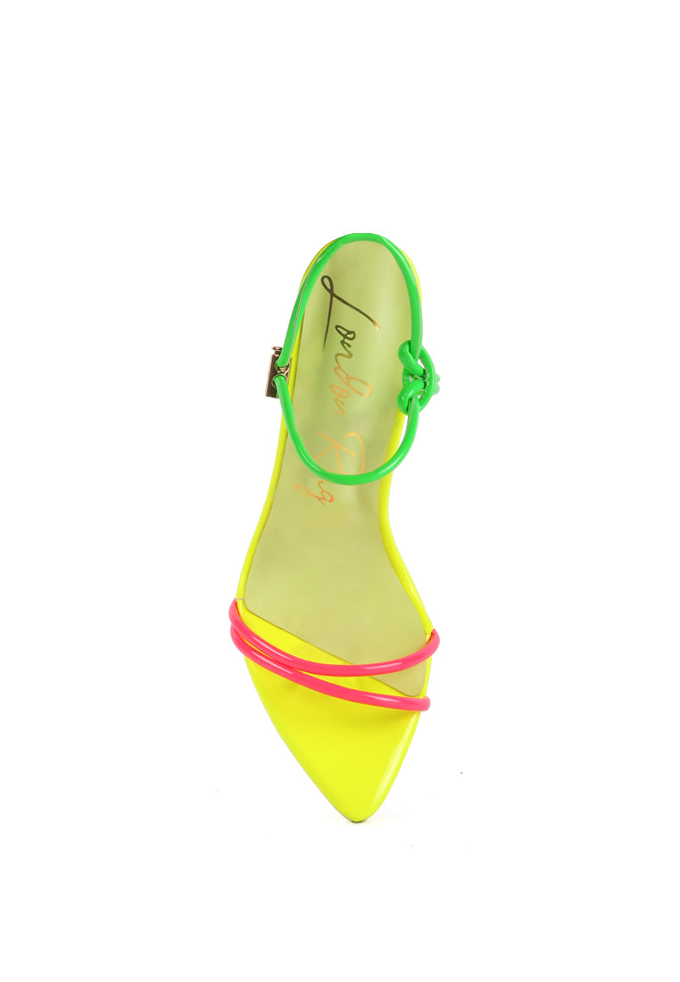 High Porch Drawstring Band Stiletto Sandals in black and neon colors with pointed toe and adjustable ankle band.