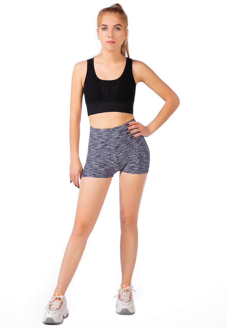 High Rise Biker Shorts in textured knitted fabric with a broad waistband, perfect for workouts and casual wear.