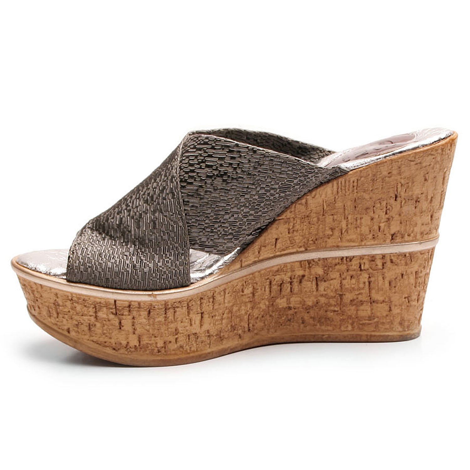 High Standards wedge featuring thick X-Cross band, snake print sock, and cork wedge outsole, perfect for stylish comfort.