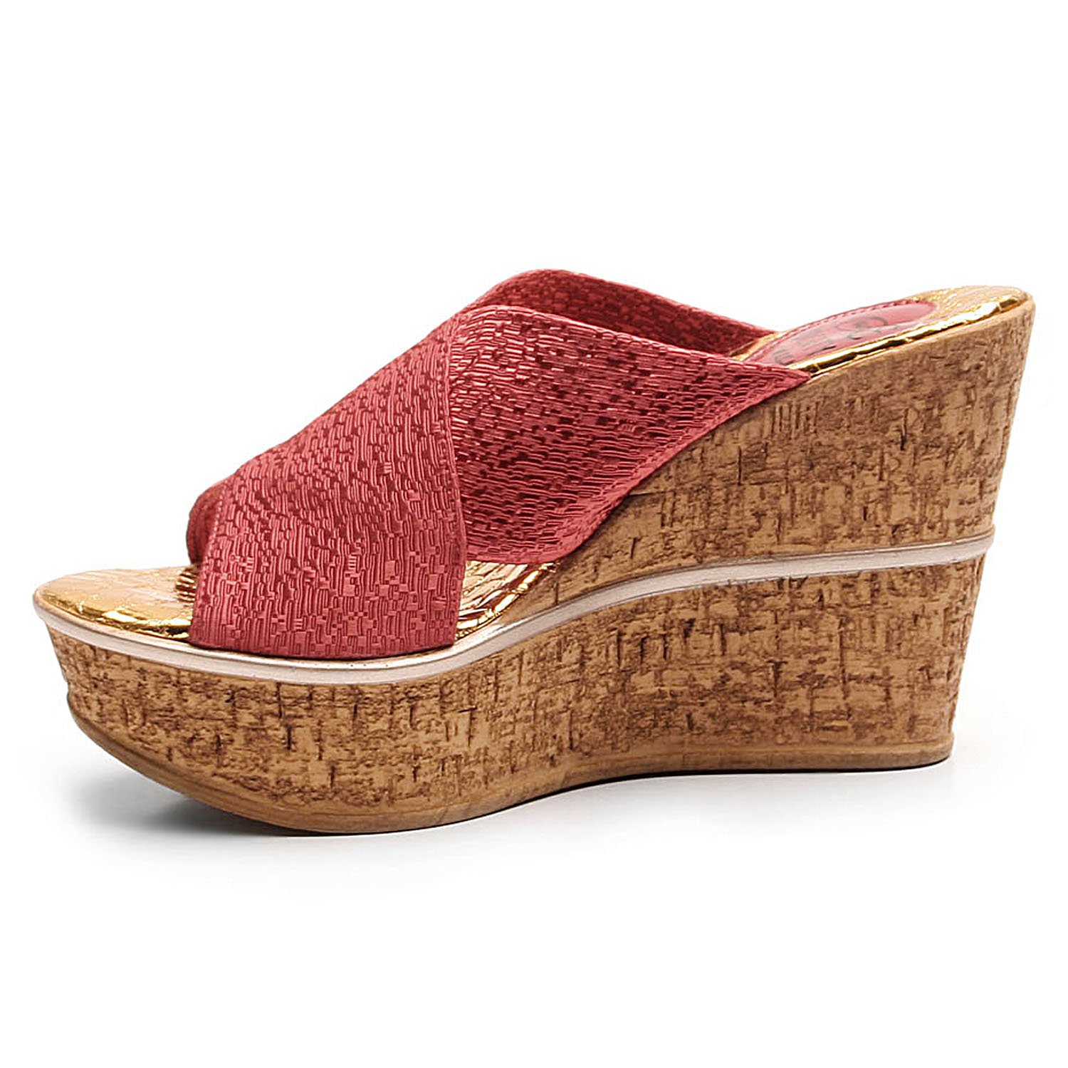 High Standards wedge featuring thick X-Cross band, snake print sock, and cork wedge outsole, perfect for stylish comfort.