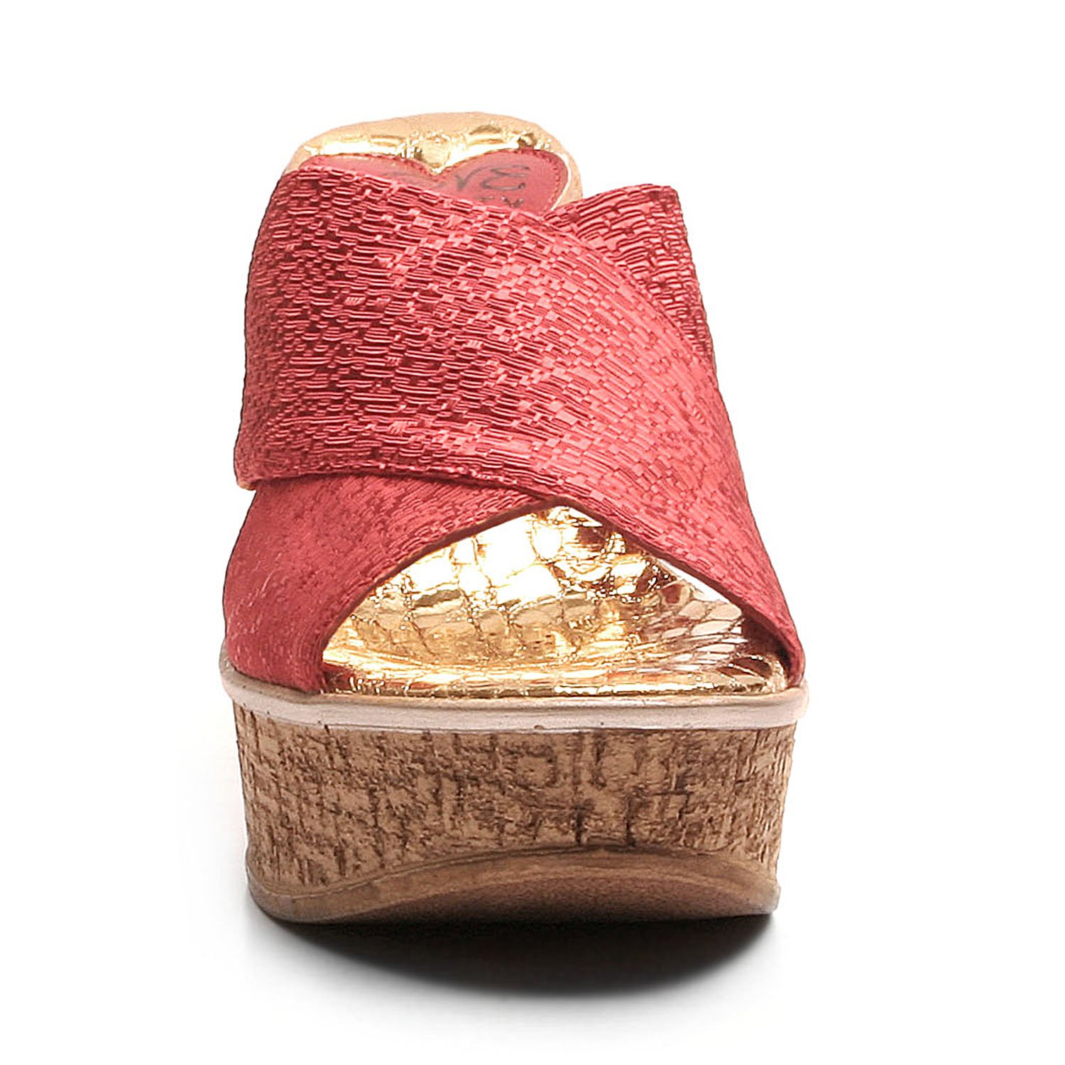 High Standards wedge featuring thick X-Cross band, snake print sock, and cork wedge outsole, perfect for stylish comfort.