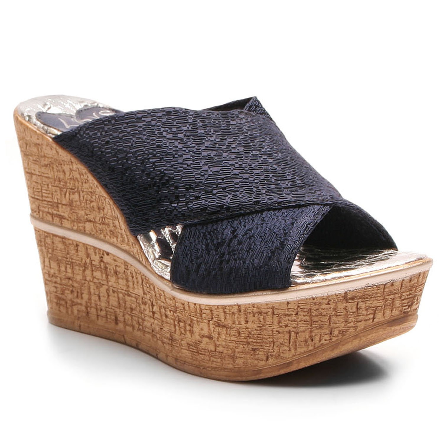 High Standards wedge featuring thick X-Cross band, snake print sock, and cork wedge outsole, perfect for stylish comfort.