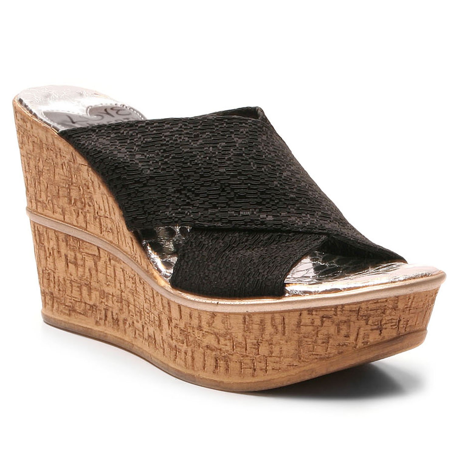 High Standards wedge featuring thick X-Cross band, snake print sock, and cork wedge outsole, perfect for stylish comfort.