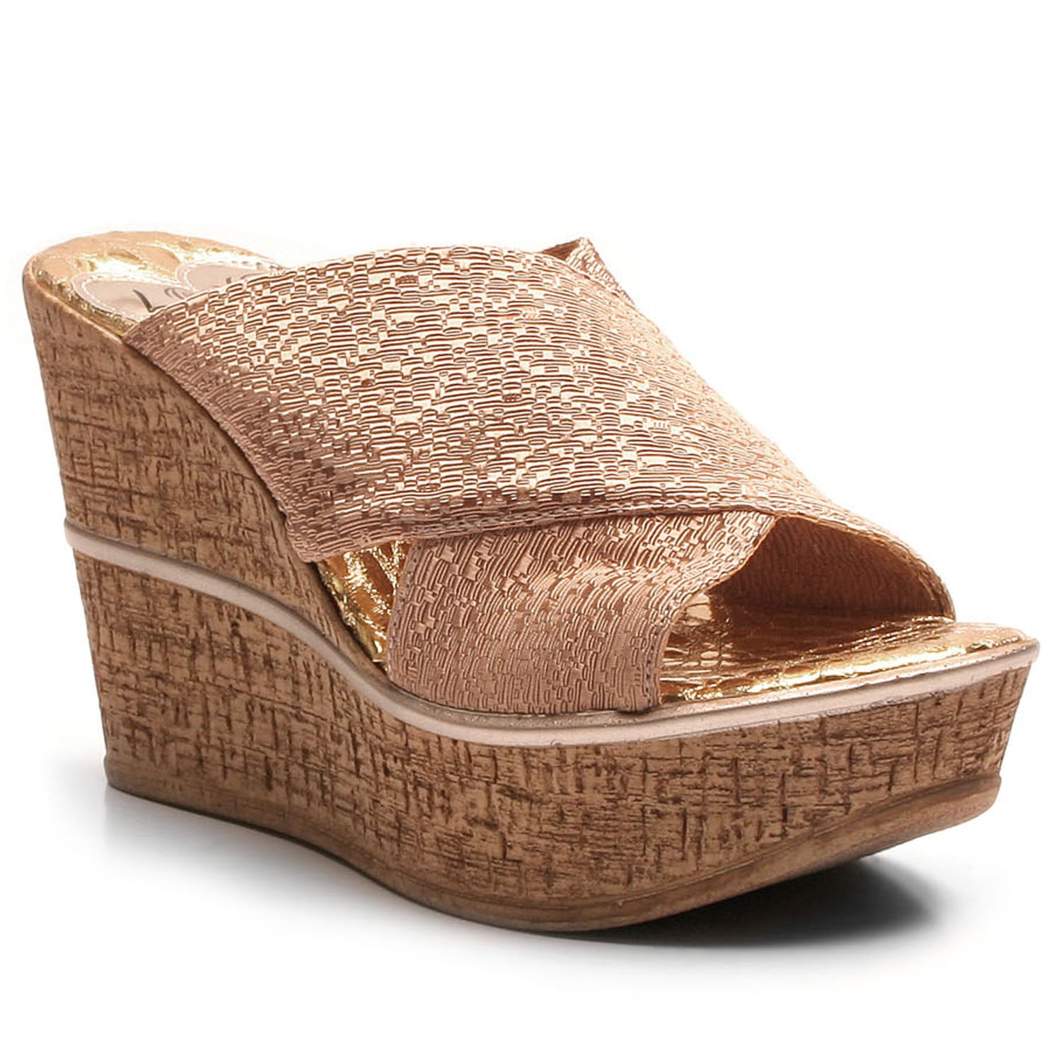 High Standards wedge featuring thick X-Cross band, snake print sock, and cork wedge outsole, perfect for stylish comfort.