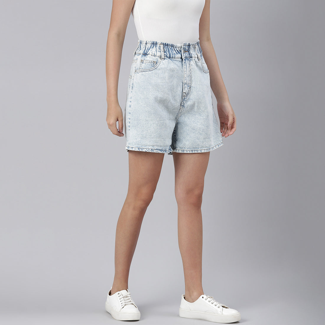 High Waist Light Blue Denim Shorts featuring a broad elasticated waistband and four pockets, perfect for summer wear.