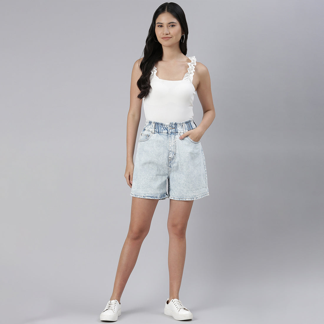 High Waist Light Blue Denim Shorts featuring a broad elasticated waistband and four pockets, perfect for summer wear.