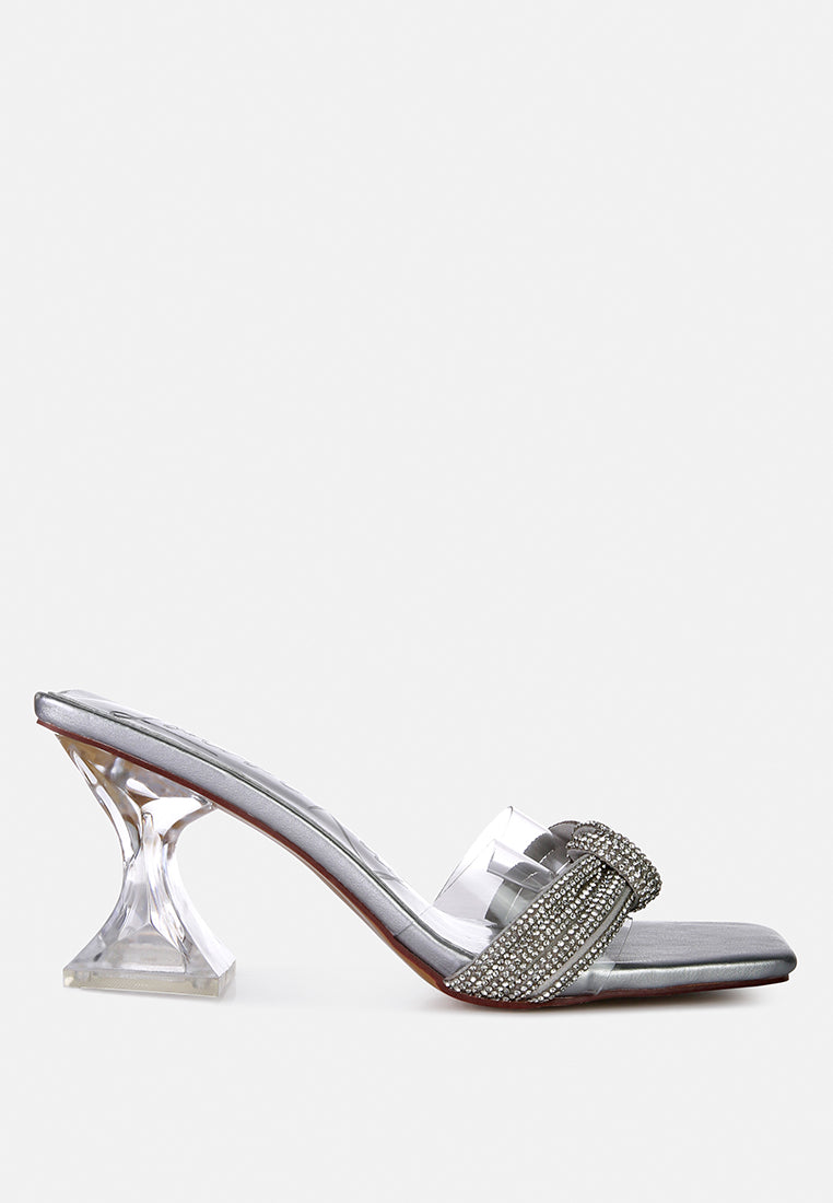 Hiorda Rhinestone Knotted Spool Heel Sandals featuring clear faux leather, rhinestone embellishments, and a stylish spool heel.