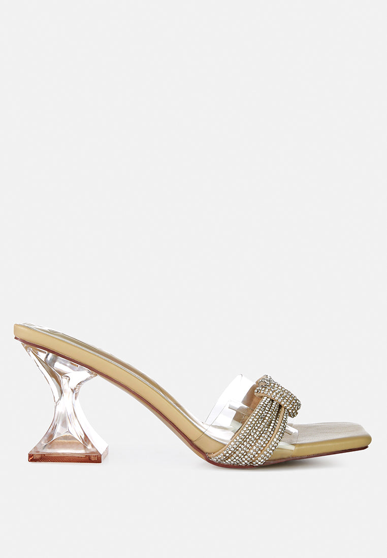 Hiorda Rhinestone Knotted Spool Heel Sandals featuring clear faux leather, rhinestone embellishments, and a stylish spool heel.