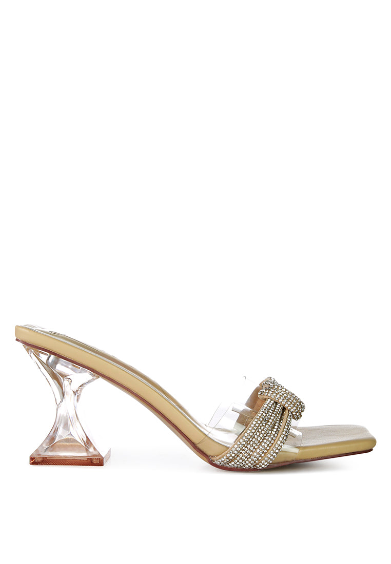 Hiorda Rhinestone Knotted Spool Heel Sandals featuring clear faux leather, rhinestone embellishments, and a stylish spool heel.