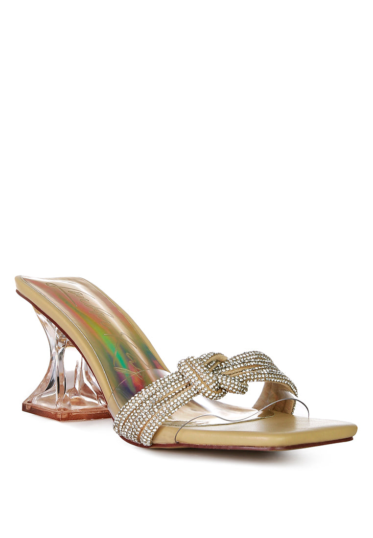 Hiorda Rhinestone Knotted Spool Heel Sandals featuring clear faux leather, rhinestone embellishments, and a stylish spool heel.