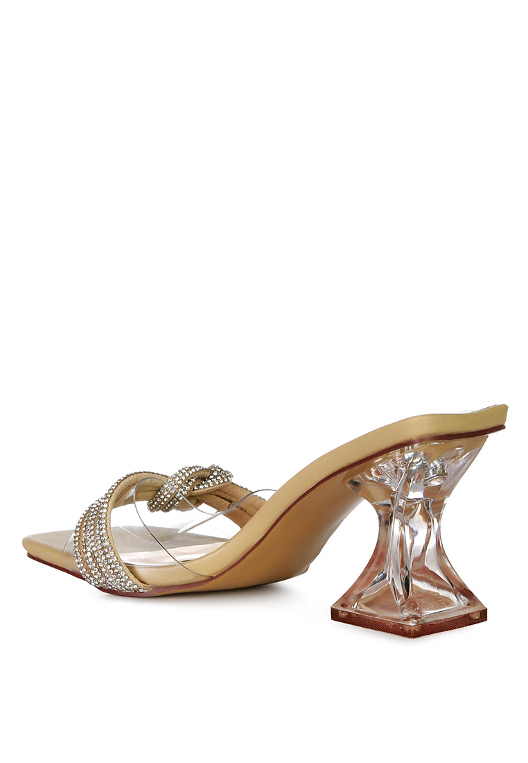 Hiorda Rhinestone Knotted Spool Heel Sandals featuring clear faux leather, rhinestone embellishments, and a stylish spool heel.