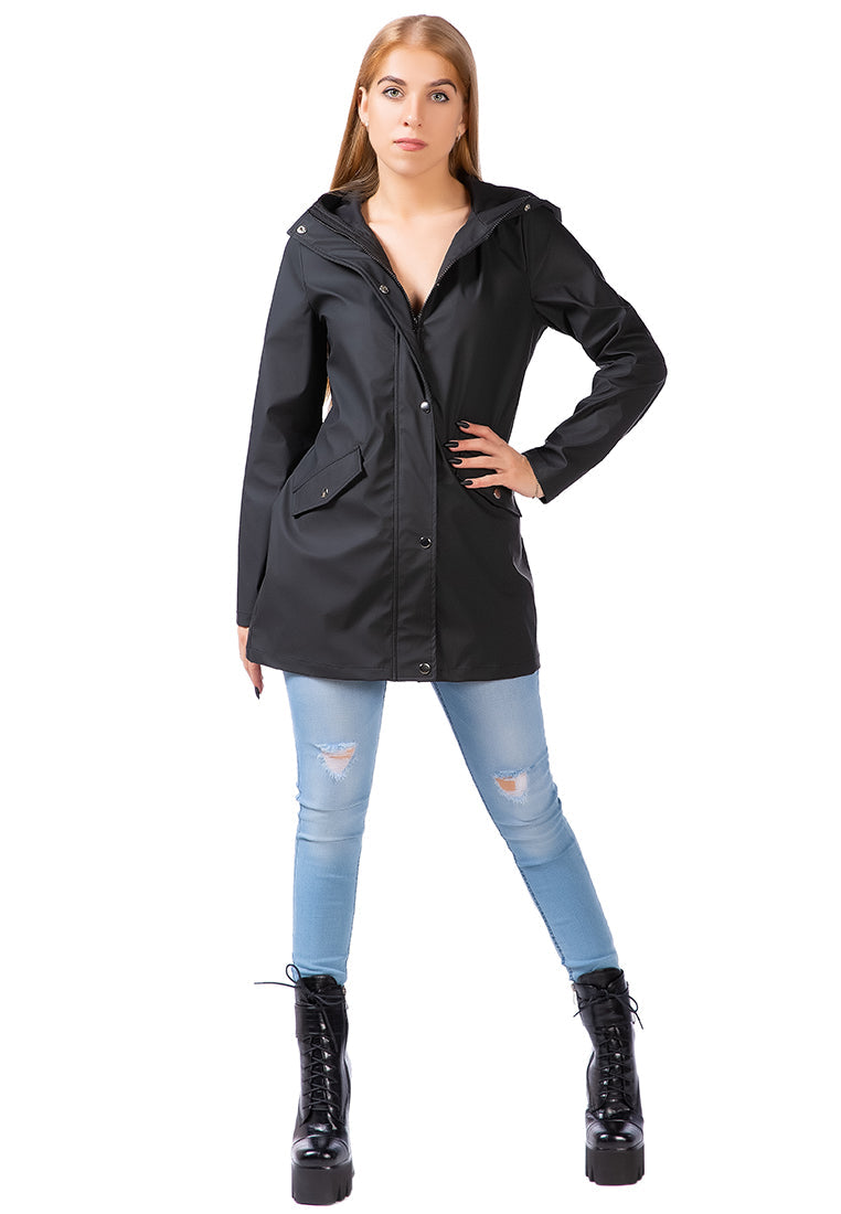 A stylish Hooded Long Parka Jacket featuring a relaxed fit, full sleeves, and two front flap pockets, perfect for chilly weather.