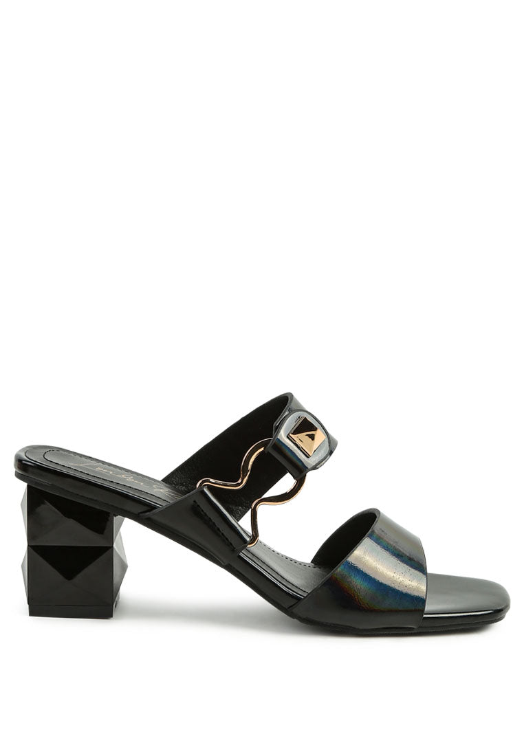 Elegant Hookup Fantasy Block Heel Sandals featuring a rock-cut design, metallic buckle, and open square toe.