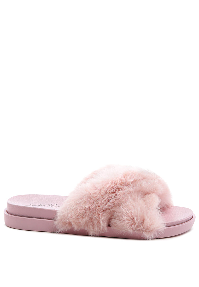 Homey Fur Slip-On Flats featuring a luxurious fur strap and durable outsole, perfect for stylish comfort.