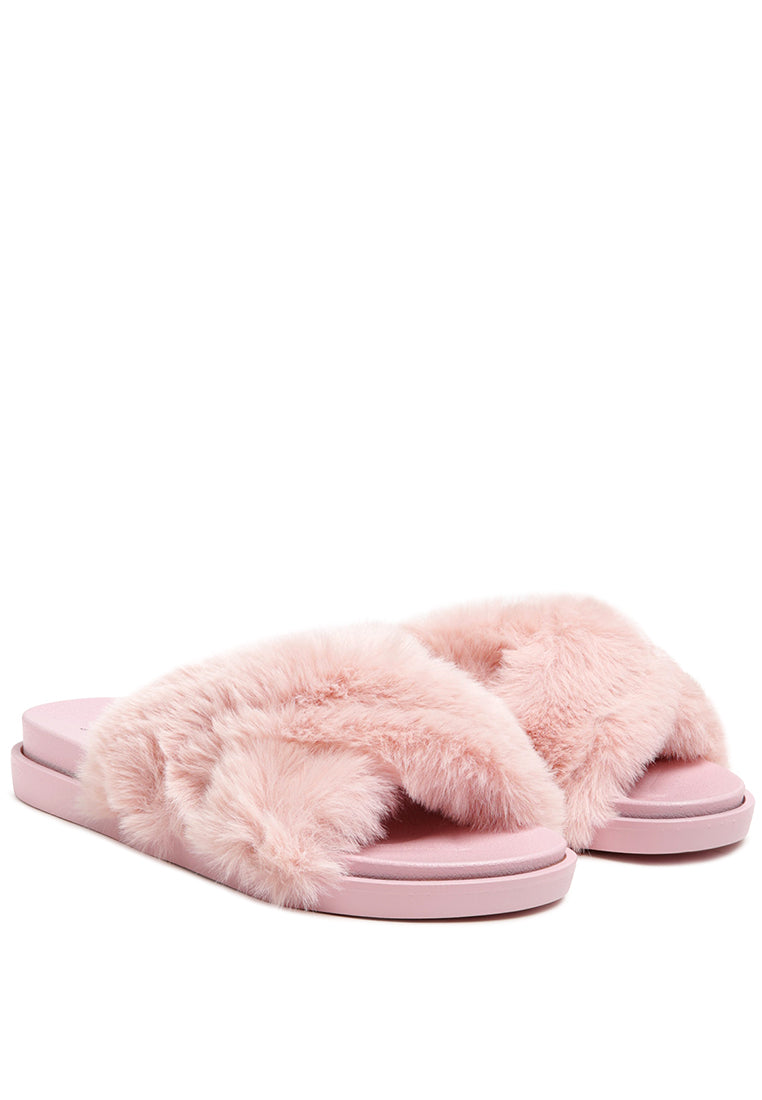 Homey Fur Slip-On Flats featuring a luxurious fur strap and durable outsole, perfect for stylish comfort.