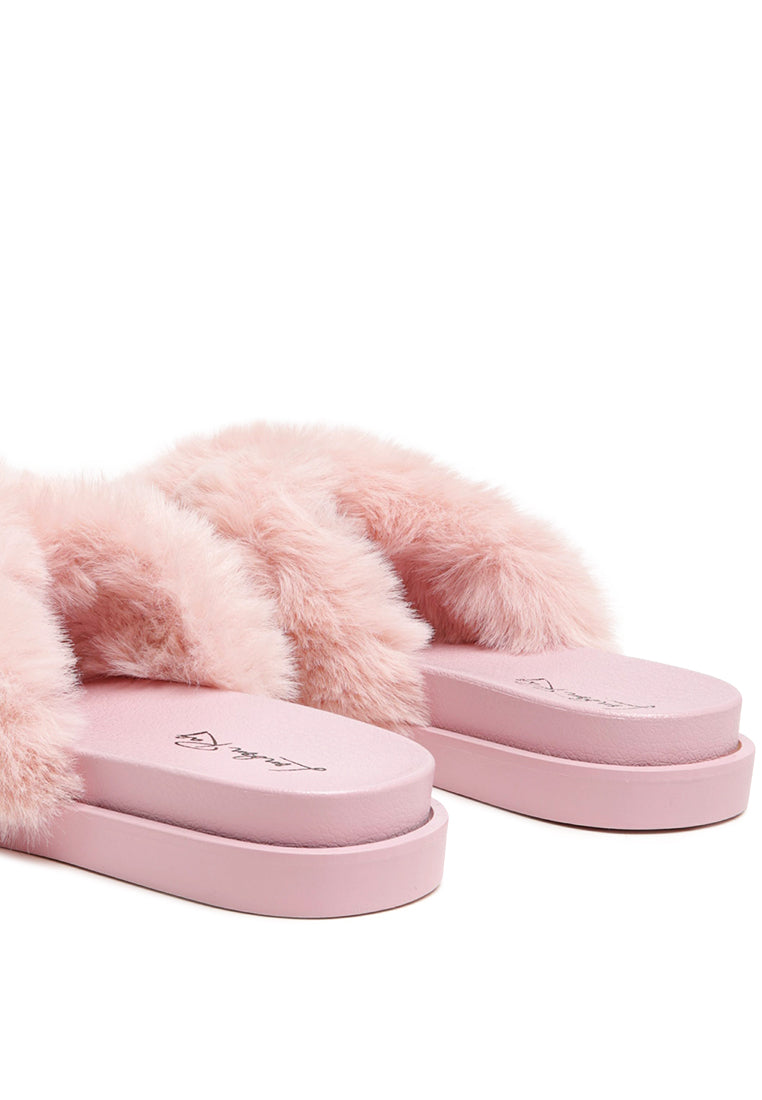 Homey Fur Slip-On Flats featuring a luxurious fur strap and durable outsole, perfect for stylish comfort.