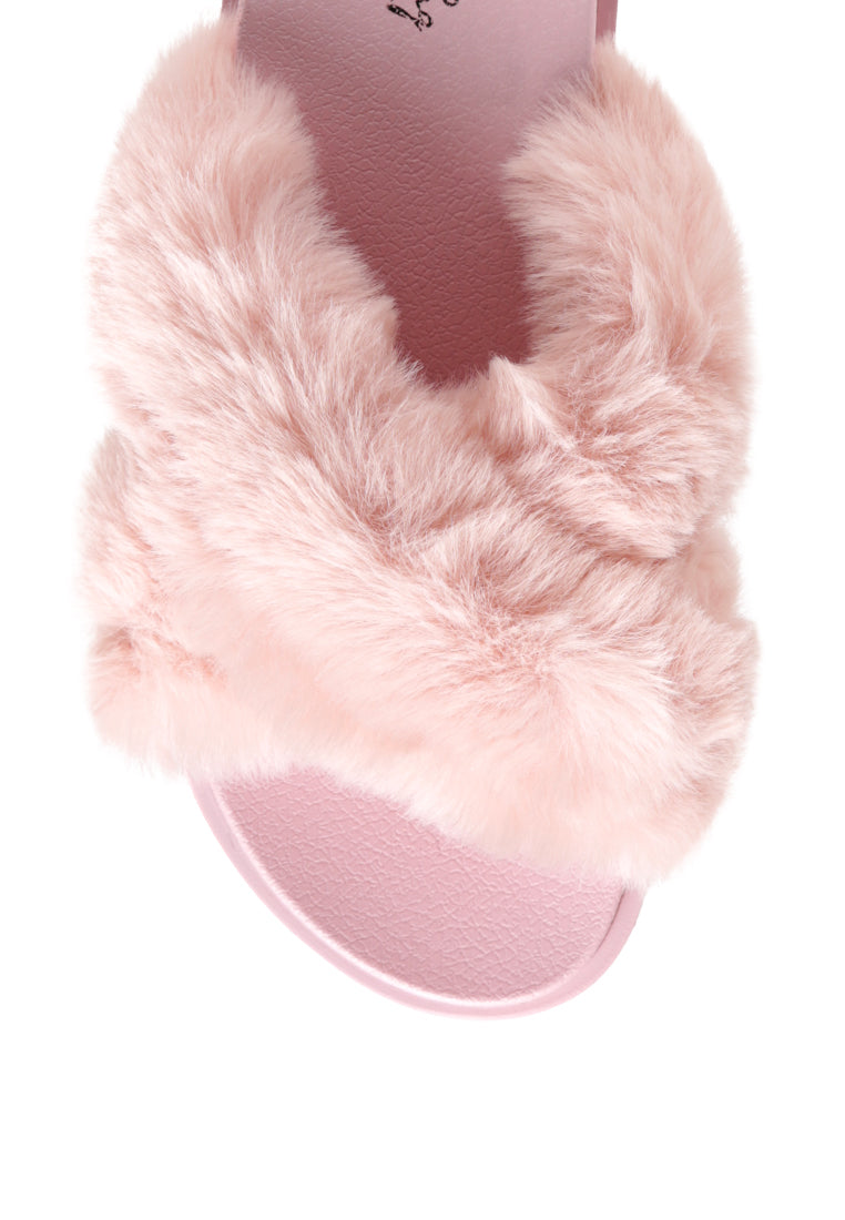 Homey Fur Slip-On Flats featuring a luxurious fur strap and durable outsole, perfect for stylish comfort.