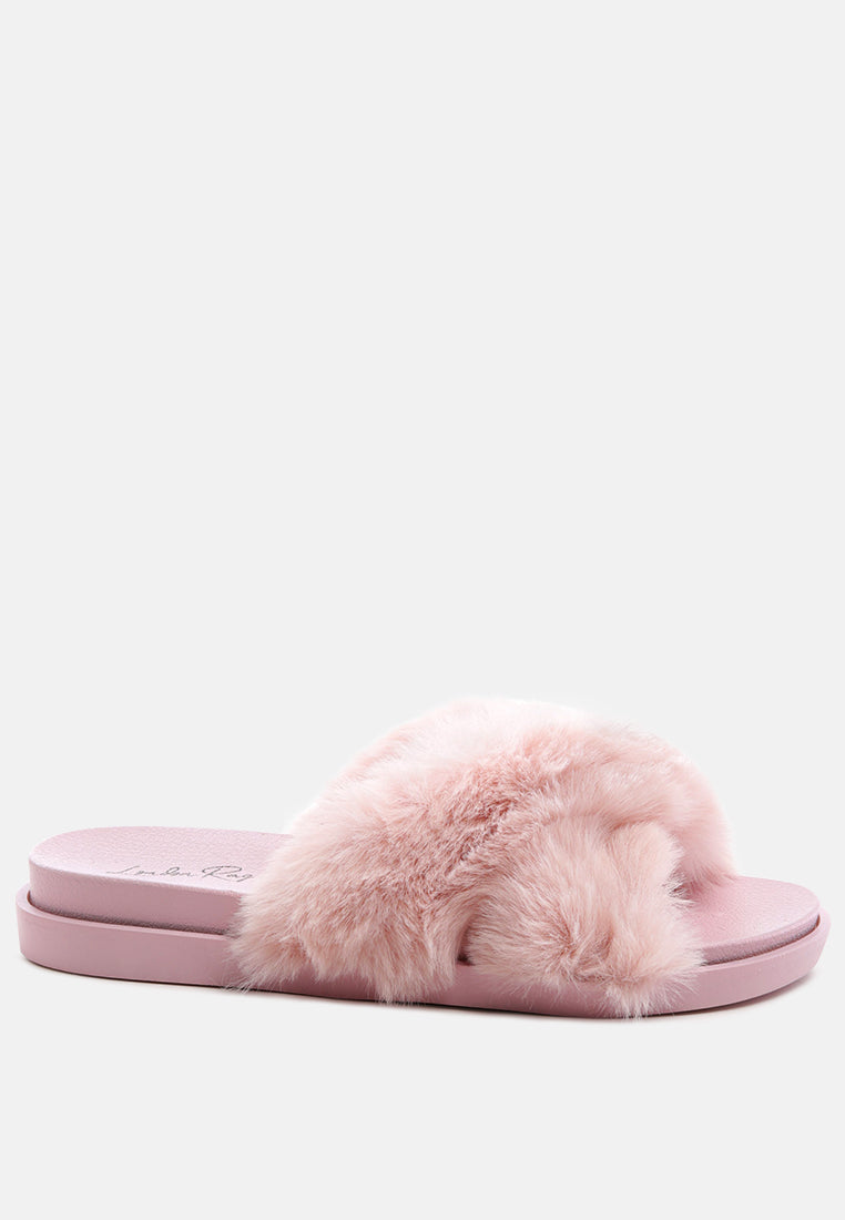 Homey Fur Slip-On Flats featuring a luxurious fur strap and durable outsole, perfect for stylish comfort.