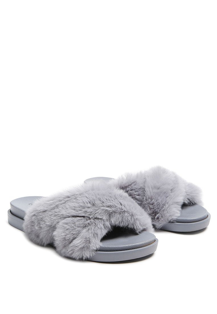 Homey Fur Slip-On Flats featuring a luxurious fur strap and durable outsole, perfect for stylish comfort.