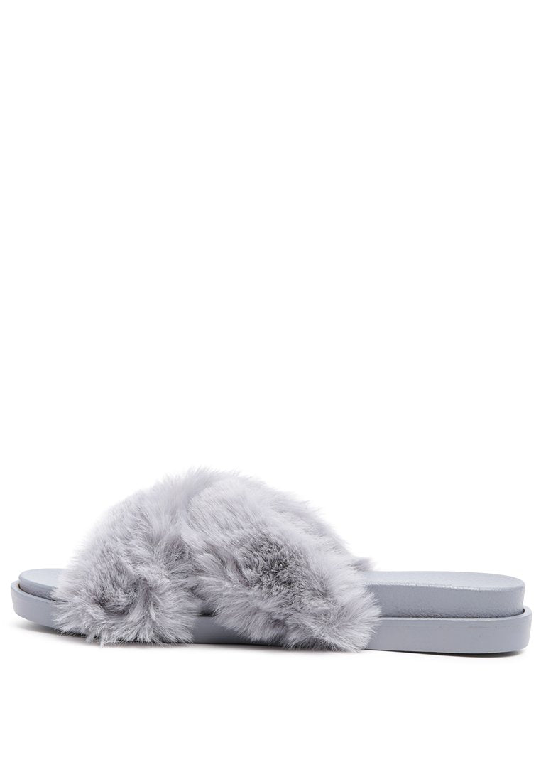 Homey Fur Slip-On Flats featuring a luxurious fur strap and durable outsole, perfect for stylish comfort.