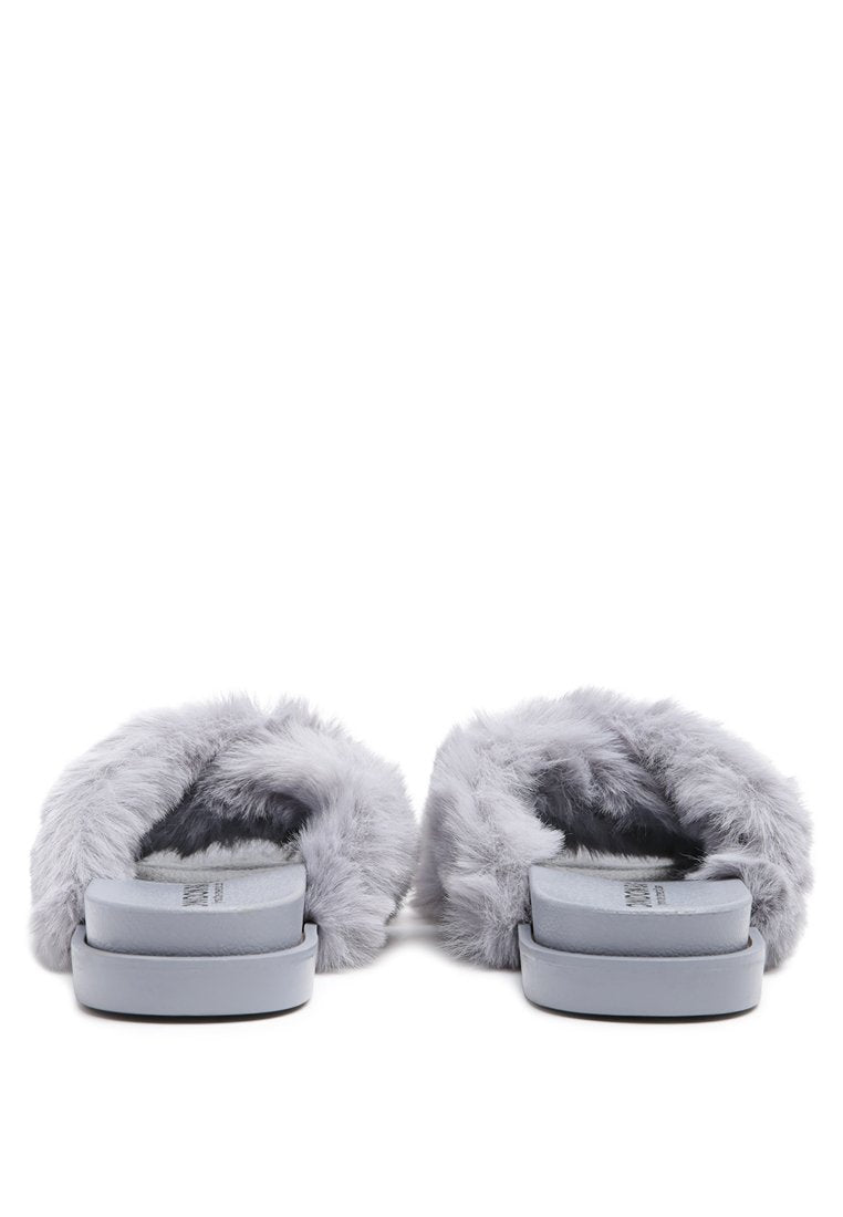 Homey Fur Slip-On Flats featuring a luxurious fur strap and durable outsole, perfect for stylish comfort.