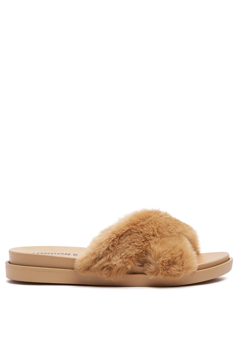 Homey Fur Slip-On Flats featuring a luxurious fur strap and durable outsole, perfect for stylish comfort.