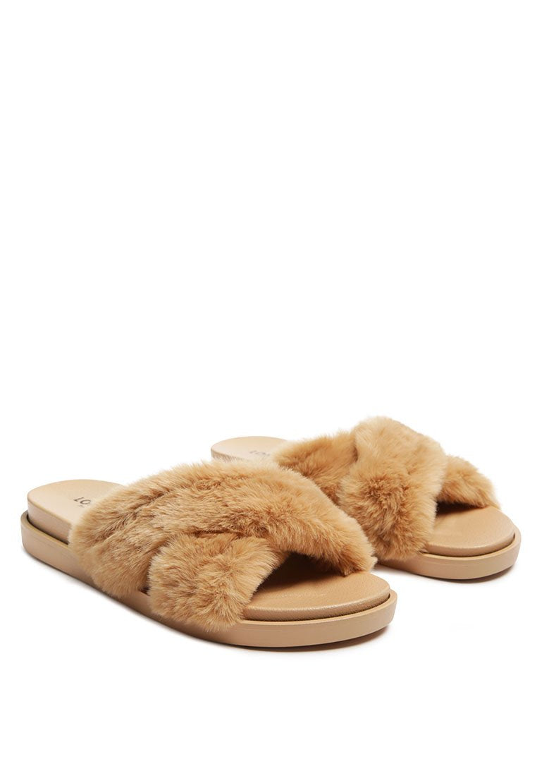 Homey Fur Slip-On Flats featuring a luxurious fur strap and durable outsole, perfect for stylish comfort.