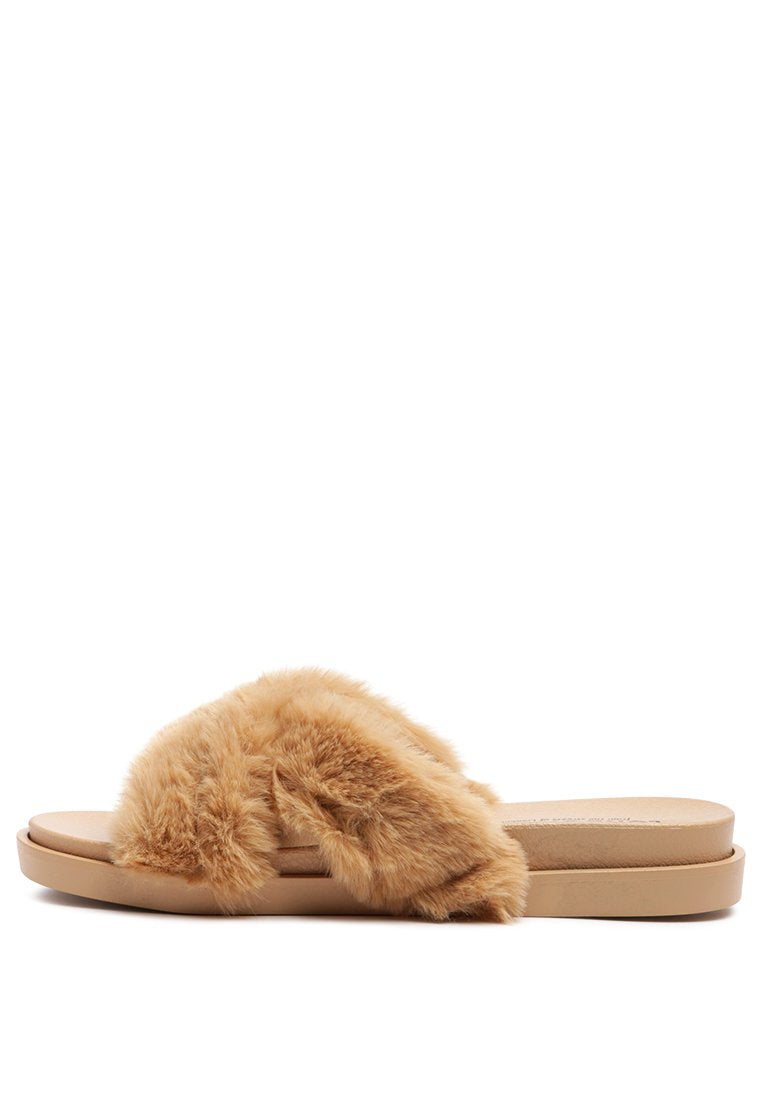 Homey Fur Slip-On Flats featuring a luxurious fur strap and durable outsole, perfect for stylish comfort.