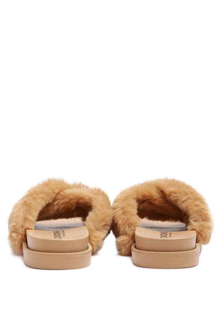 Homey Fur Slip-On Flats featuring a luxurious fur strap and durable outsole, perfect for stylish comfort.