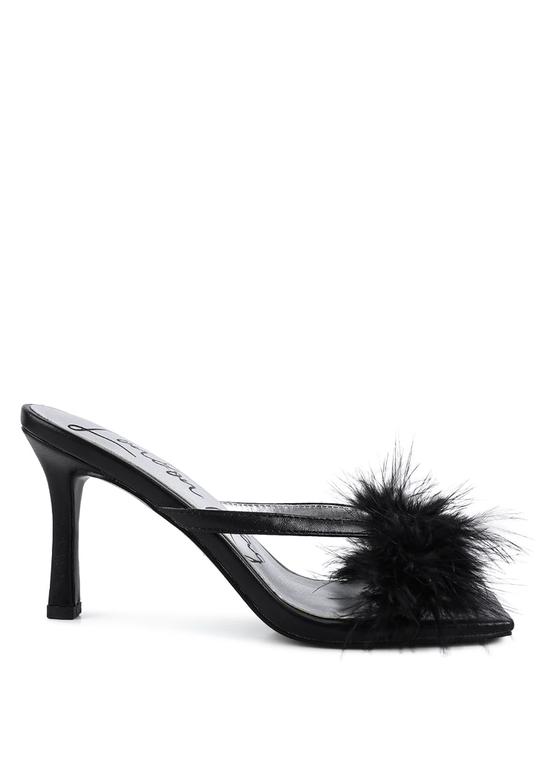 Honeybear Feather Detail Slip-On Sandals featuring glamorous feather accents and a chic open square toe design.