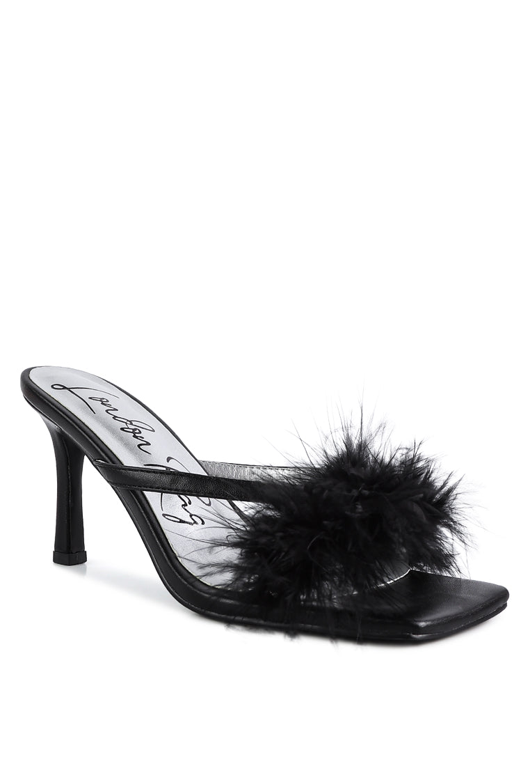 Honeybear Feather Detail Slip-On Sandals featuring glamorous feather accents and a chic open square toe design.