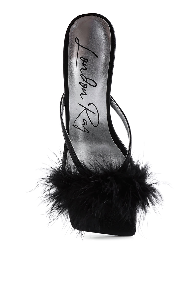 Honeybear Feather Detail Slip-On Sandals featuring glamorous feather accents and a chic open square toe design.