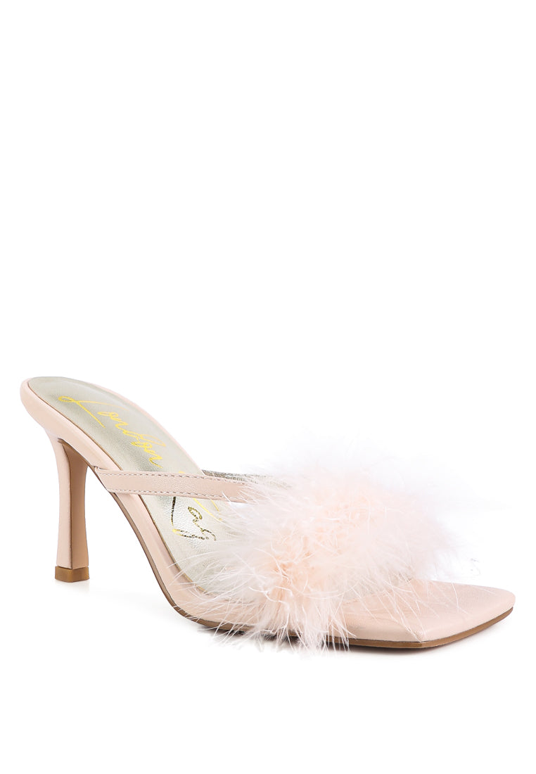 Honeybear Feather Detail Slip-On Sandals featuring glamorous feather accents and a chic open square toe design.