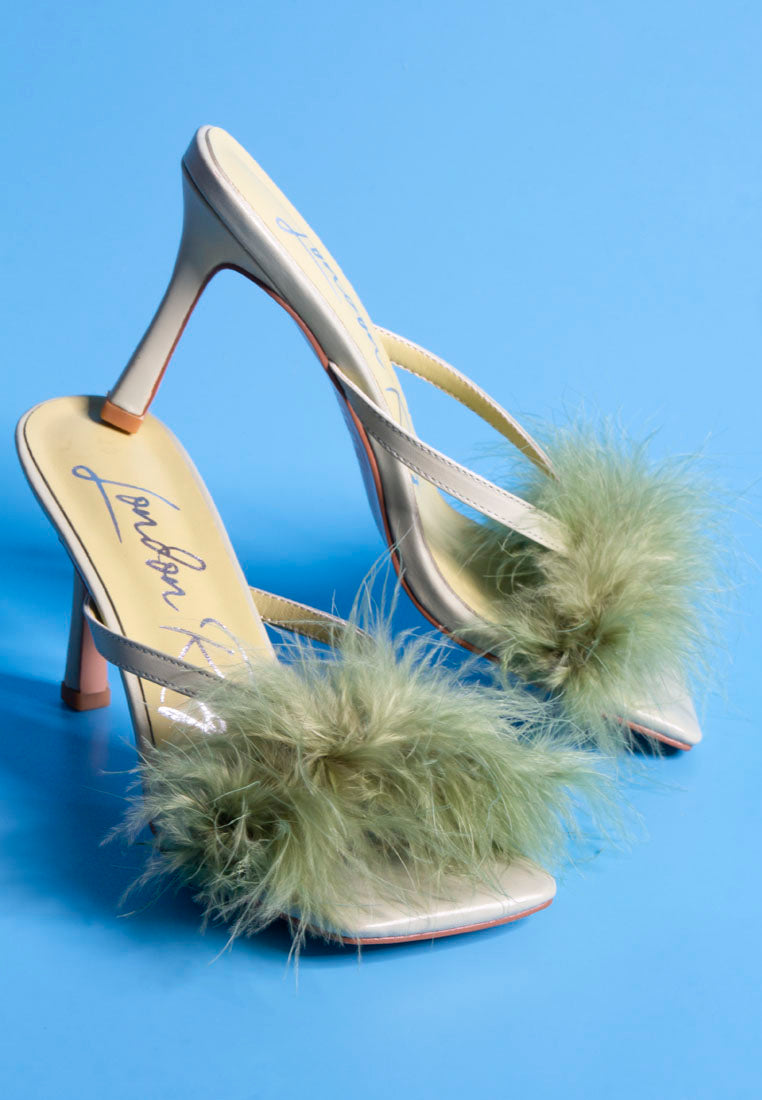 Honeybear Feather Detail Slip-On Sandals featuring glamorous feather accents and a chic open square toe design.