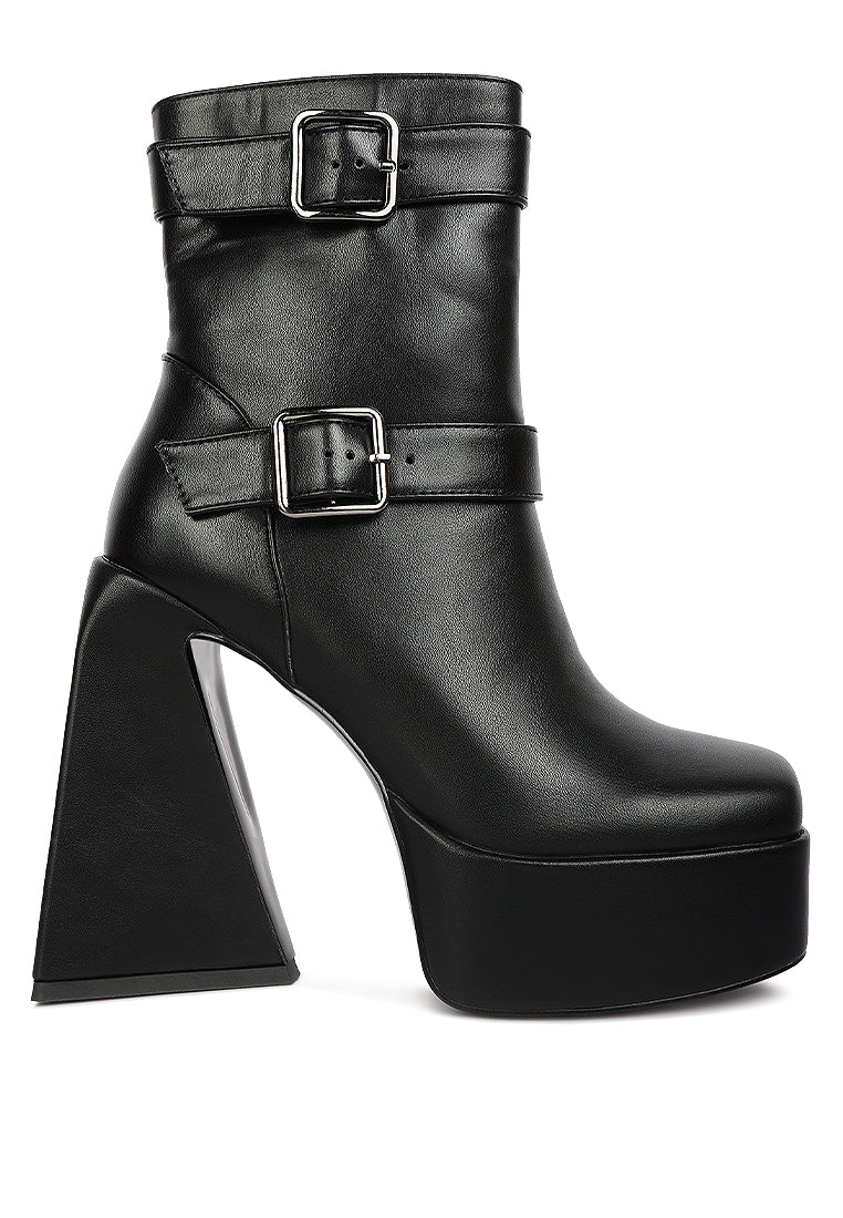 Hot Cocoa High Platform Ankle Boots with twin buckle straps and block heels, showcasing a stylish patent PU finish.