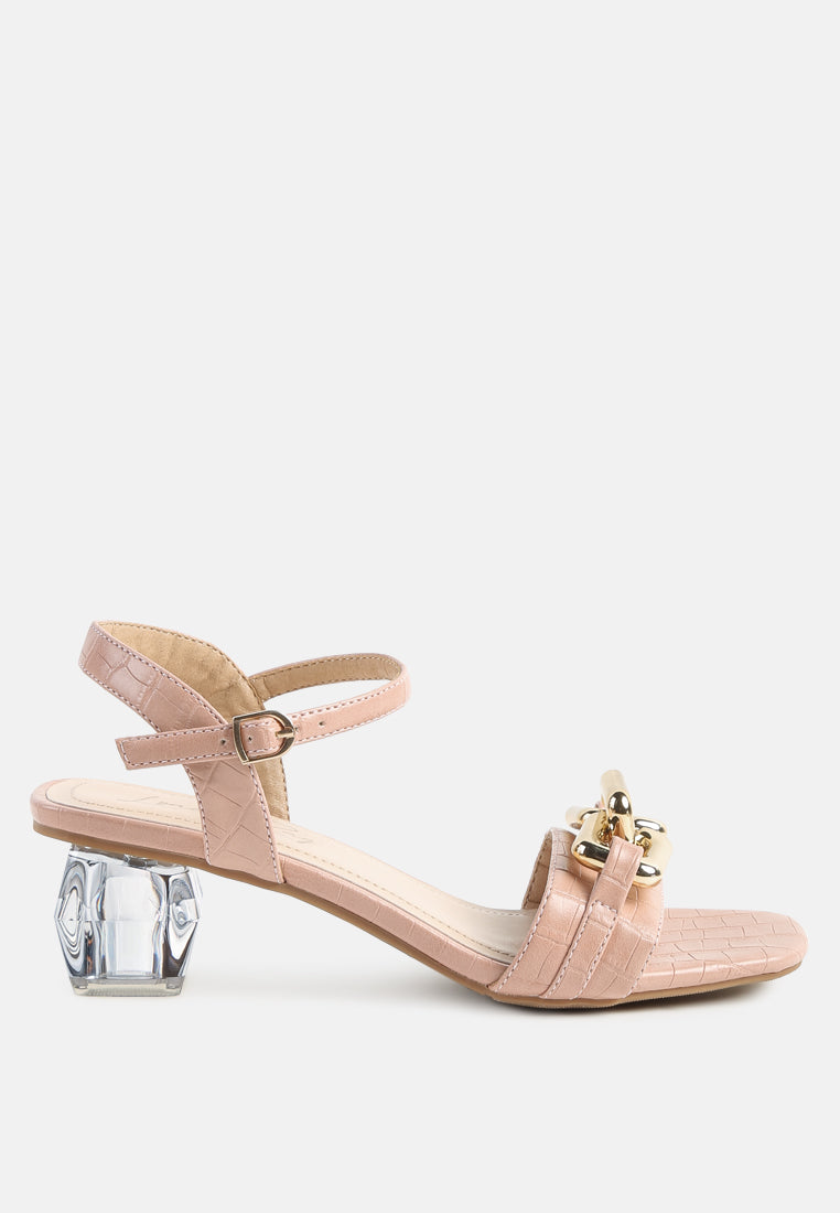 Icicle Clear Low Heel Metal Chain Sandals featuring shiny metal trims and croc textured upper.