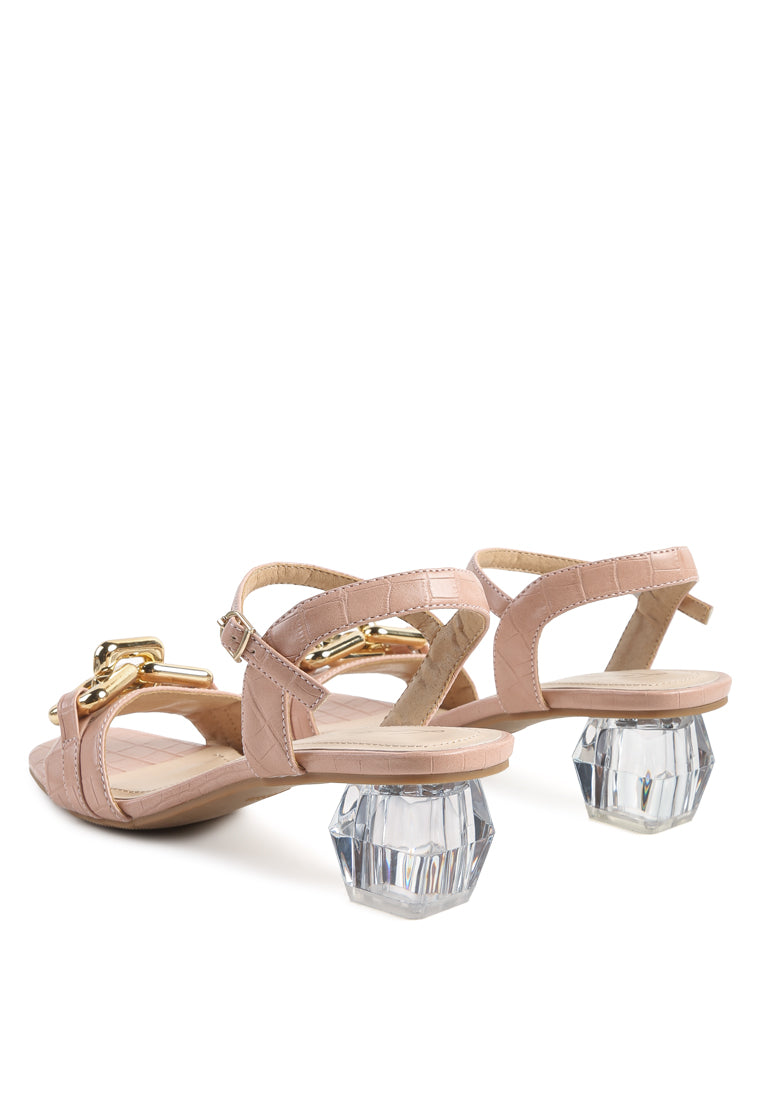 Icicle Clear Low Heel Metal Chain Sandals featuring shiny metal trims and croc textured upper.