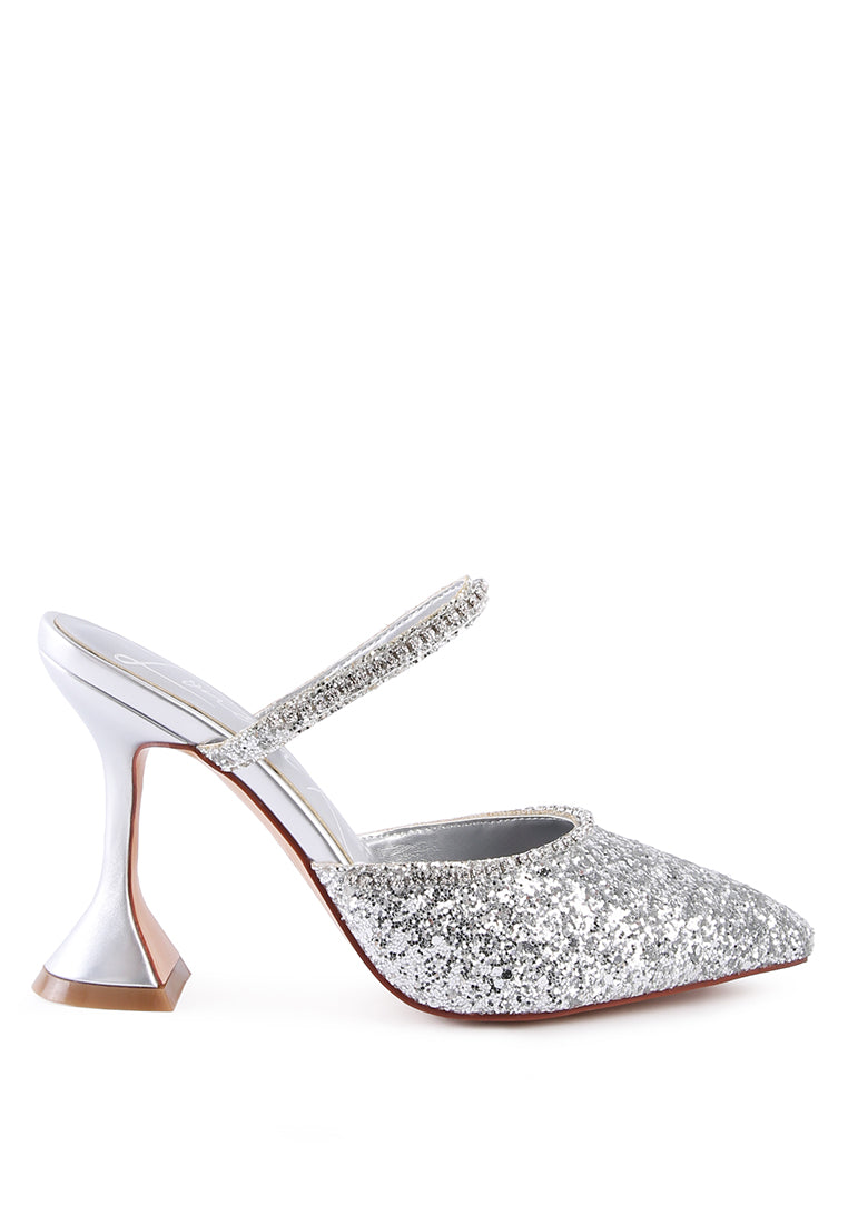 Iris Glitter Diamante Spool Heeled Sandals featuring glitter upper, diamante embellishments, and spool heels, perfect for parties and weddings.