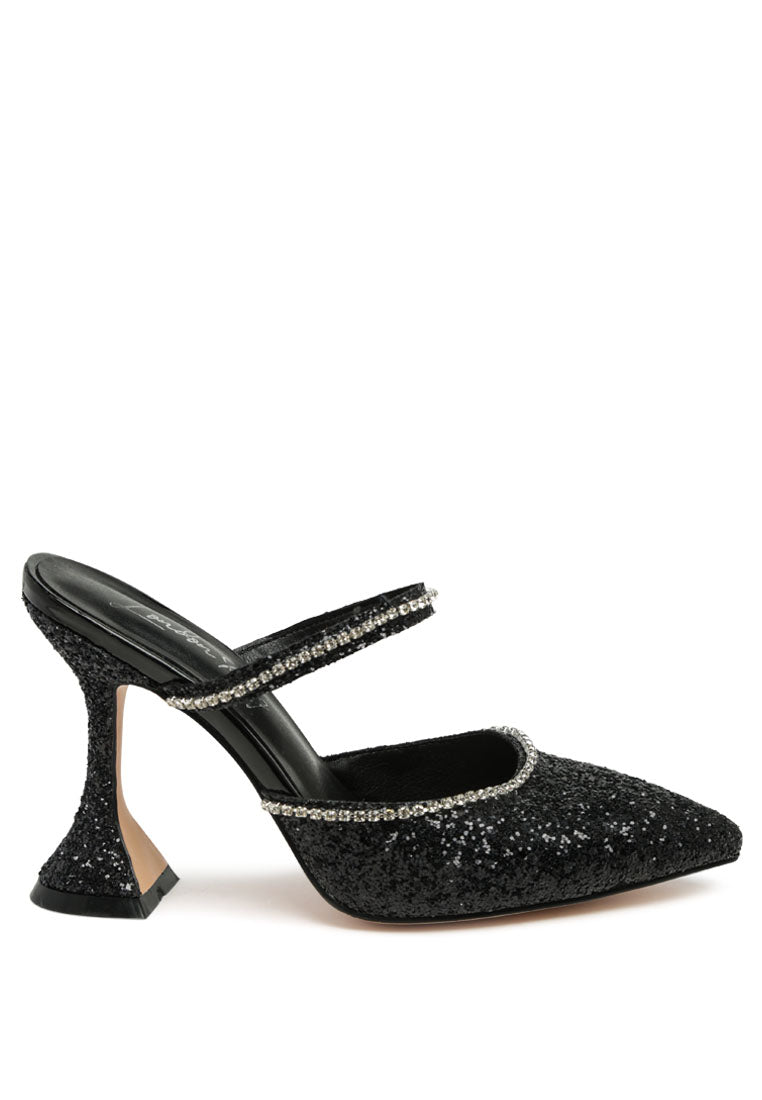 Iris Glitter Diamante Spool Heeled Sandals featuring glitter upper, diamante embellishments, and spool heels, perfect for parties and weddings.